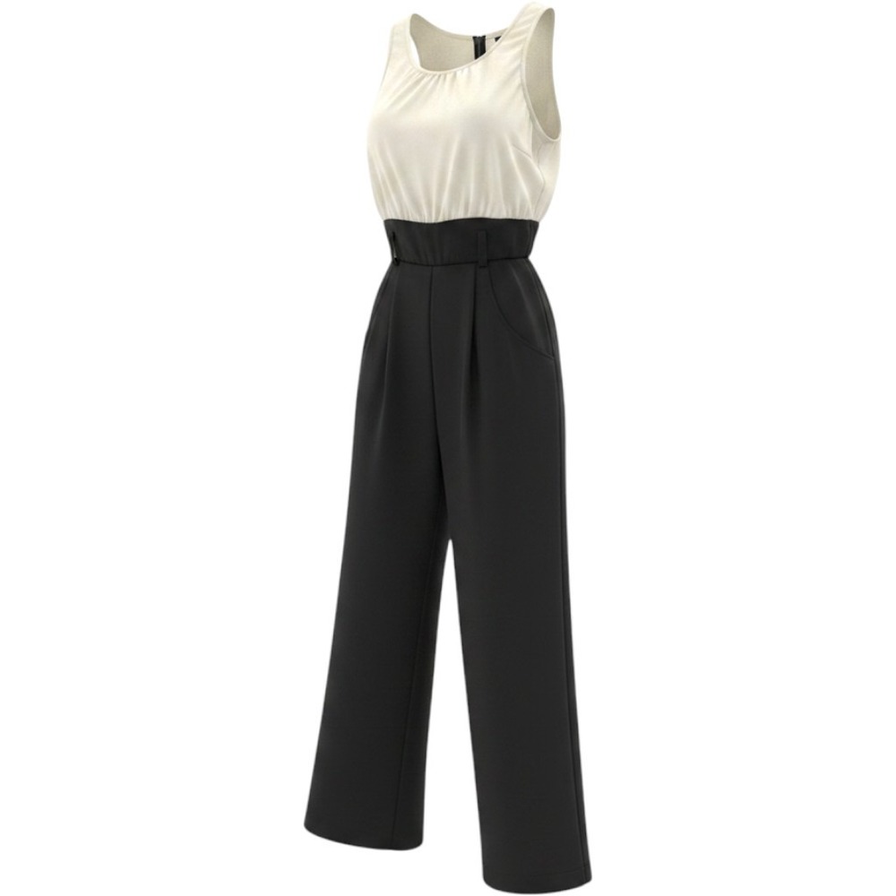 Vintage Colorblock Jumpsuit Black White Wide Leg Pleated Sleeveless Made In USA